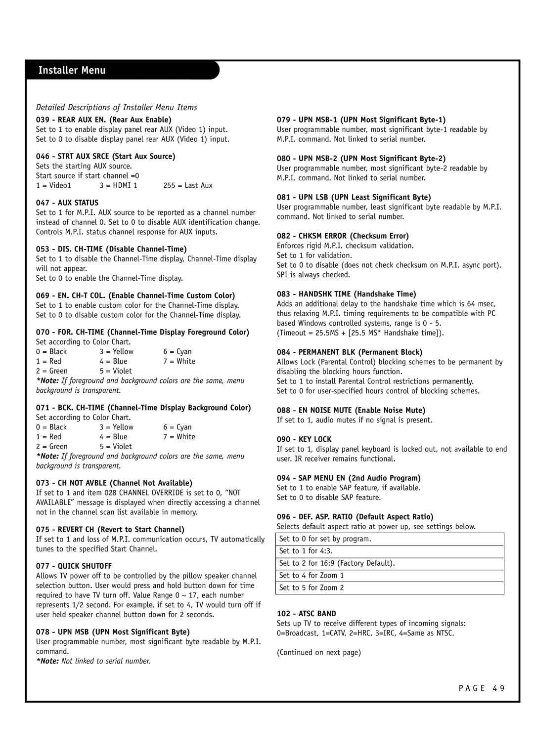 Zenith L20V54S warranty Detailed Descriptions of Installer Menu Items, AUX Status, Quick Shutoff, Atsc Band 