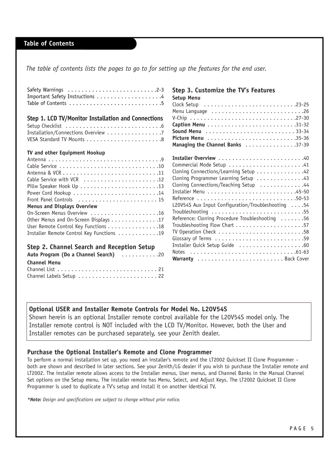 Zenith L20V54S warranty Table of Contents 