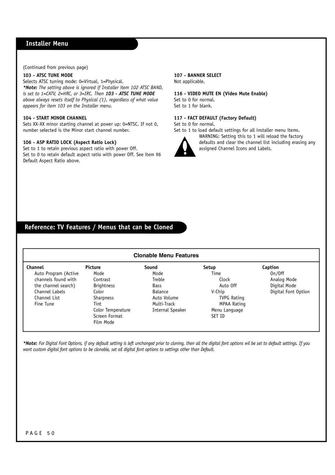 Zenith L20V54S warranty Reference TV Features / Menus that can be Cloned, G E 5, Atsc Tune Mode, Start Minor Channel 