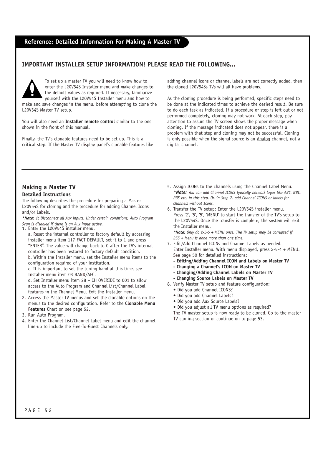 Zenith L20V54S warranty Reference Detailed Information For Making a Master TV, Detailed Instructions 