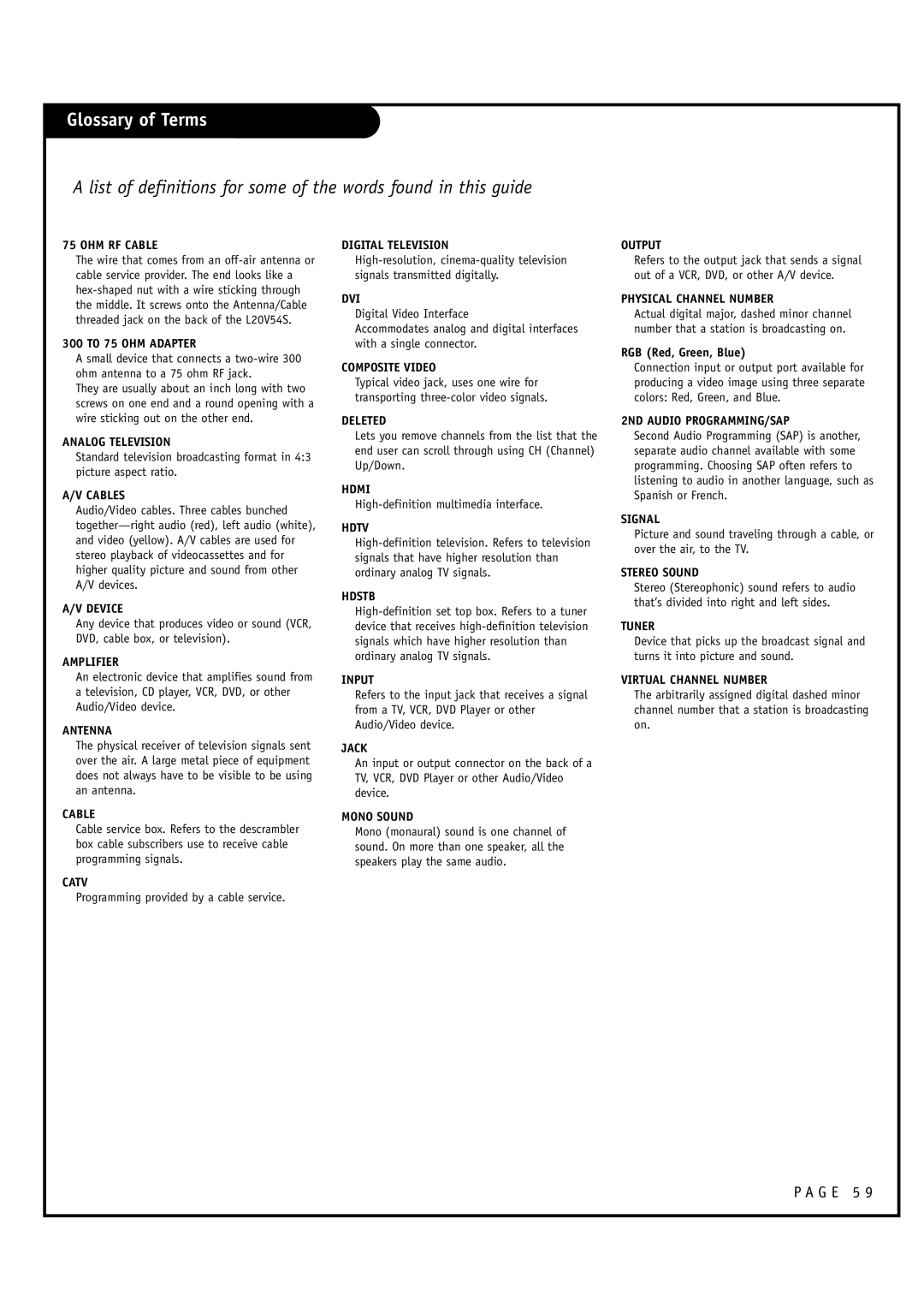 Zenith L20V54S warranty Glossary of Terms, OHM RF Cable 