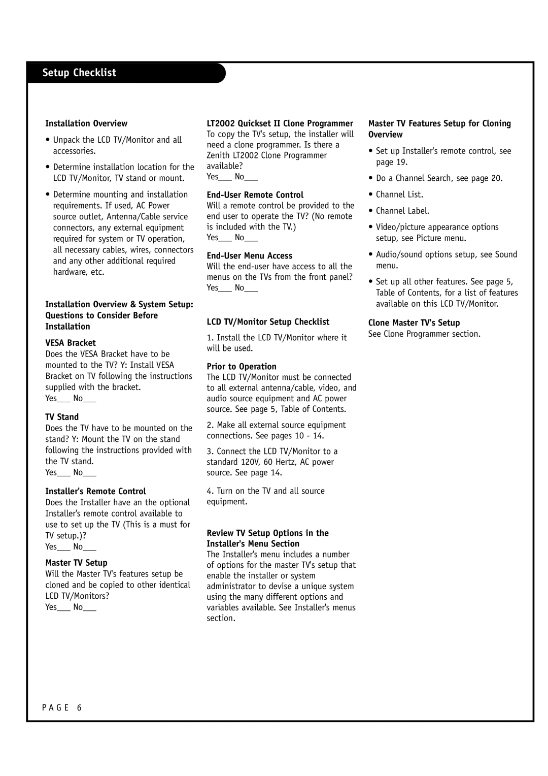 Zenith L20V54S warranty Setup Checklist 