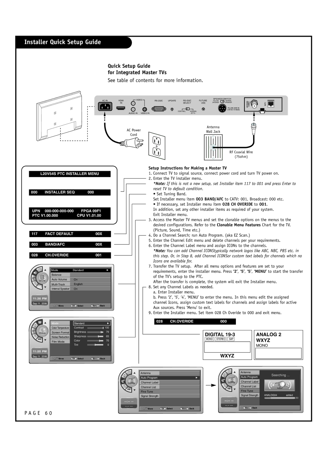 Zenith L20V54S warranty Installer Quick Setup Guide, Quick Setup Guide For Integrated Master TVs, G E 6 