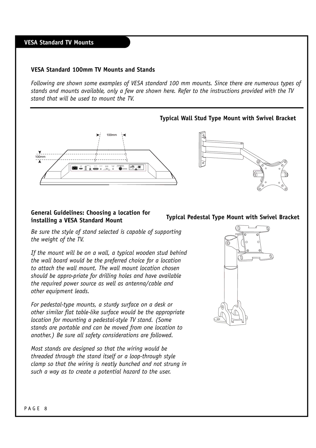 Zenith L20V54S warranty Vesa Standard TV Mounts, Typical Pedestal Type Mount with Swivel Bracket 