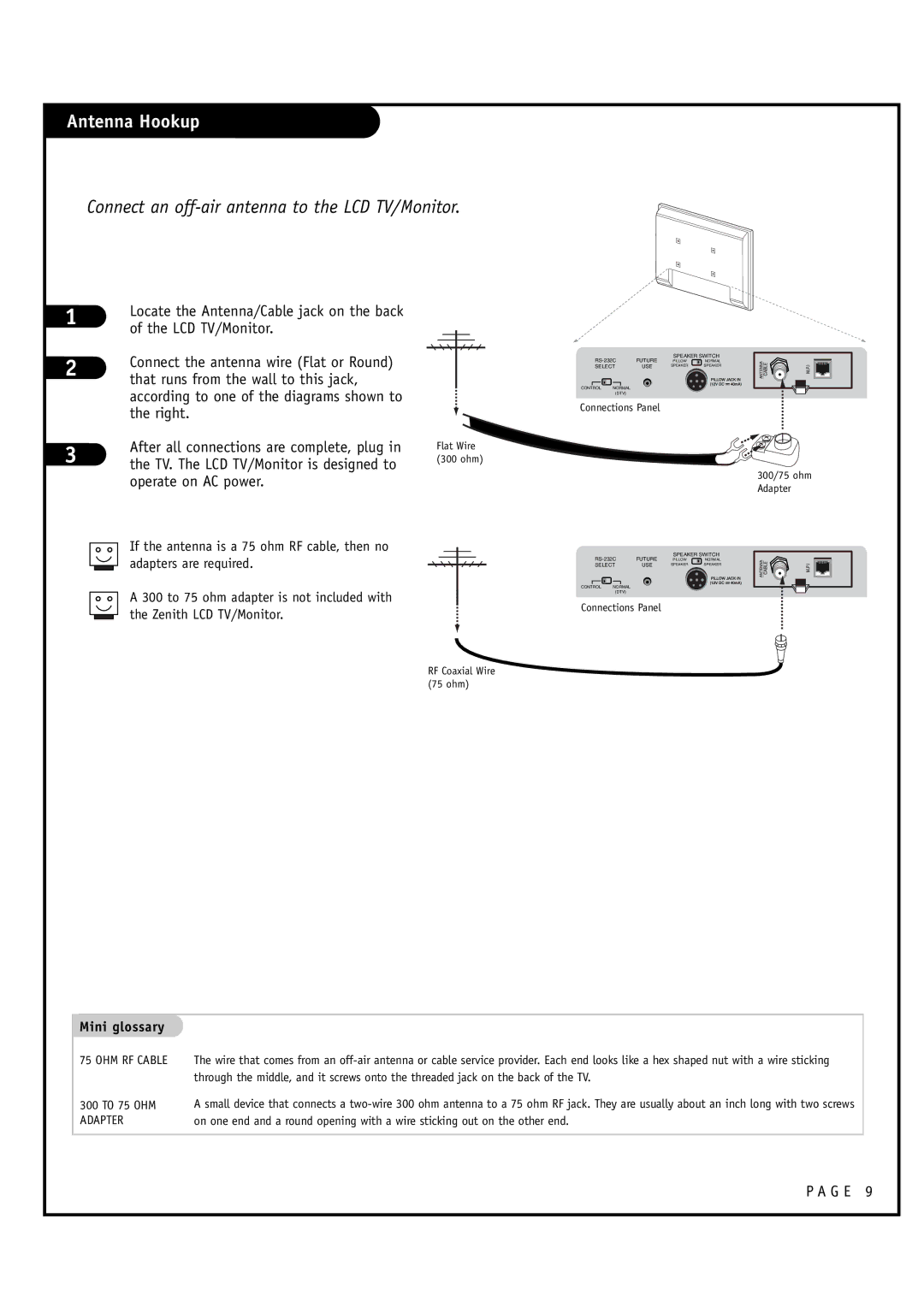 Zenith L20V54S warranty Antenna Hookup, Connect an off-air antenna to the LCD TV/Monitor, Mini glossary 