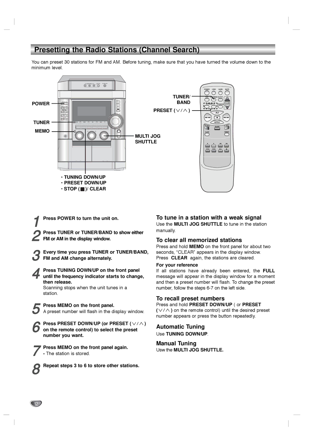 Zenith LMG340 warranty Presetting the Radio Stations Channel Search 