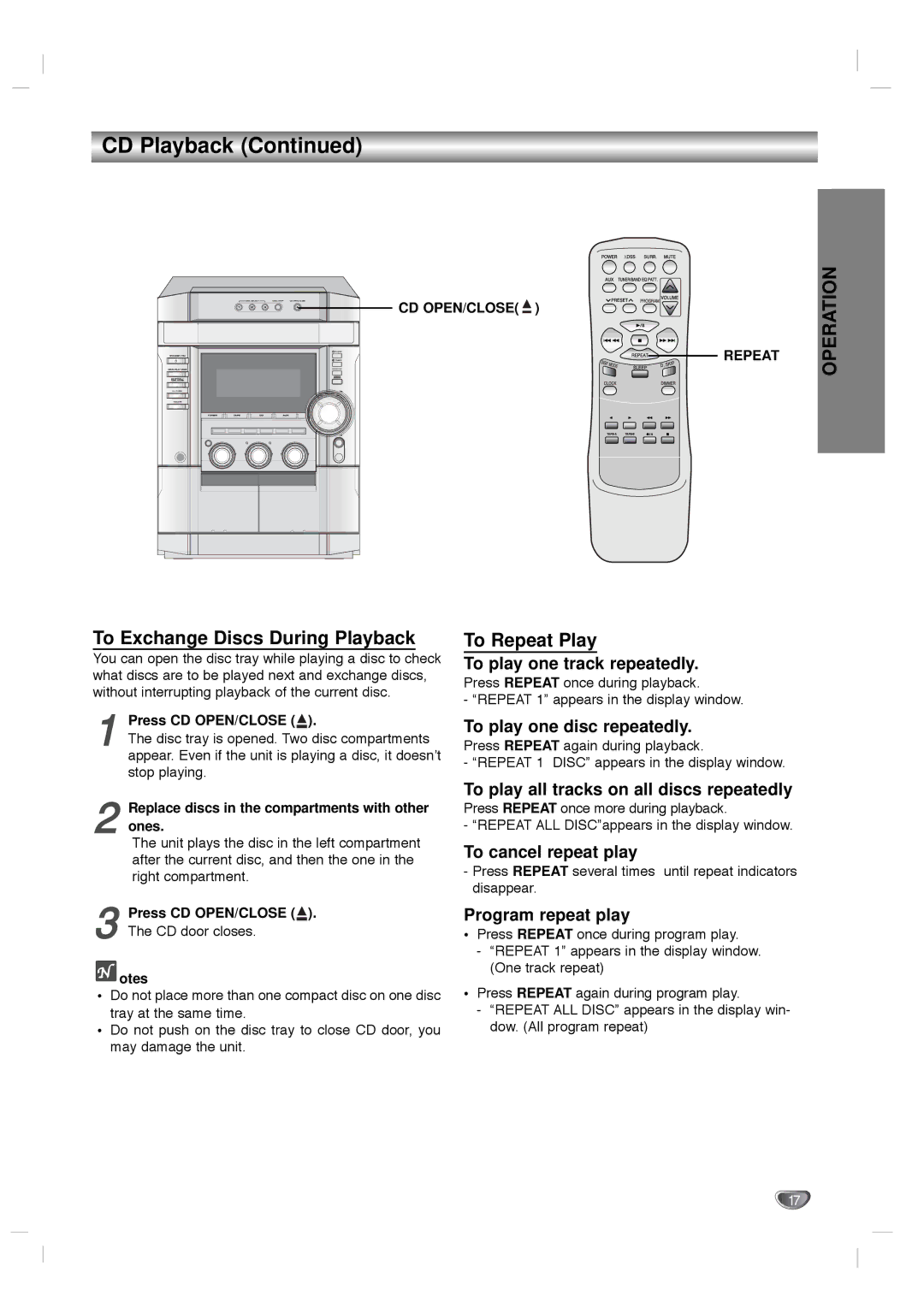 Zenith LMG340 warranty To Exchange Discs During Playback, To Repeat Play 