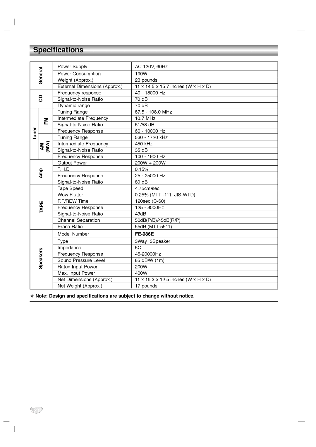 Zenith LMG340 warranty Specifications, General, FE-986E 