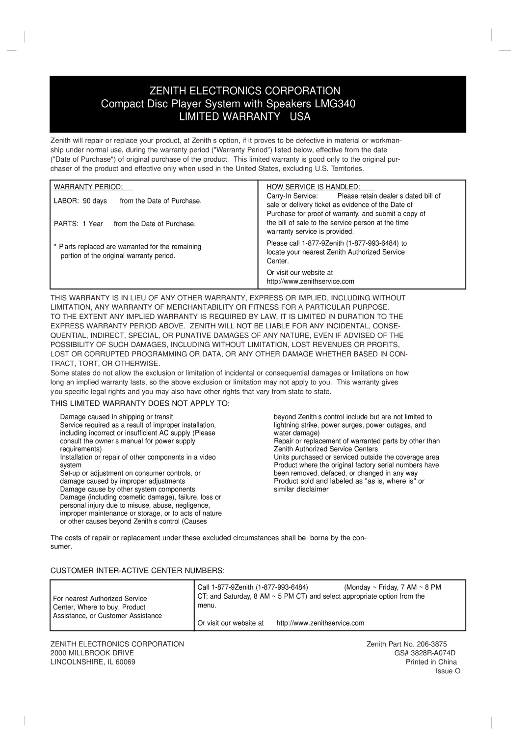 Zenith LMG340 warranty Zenith Electronics Corporation 