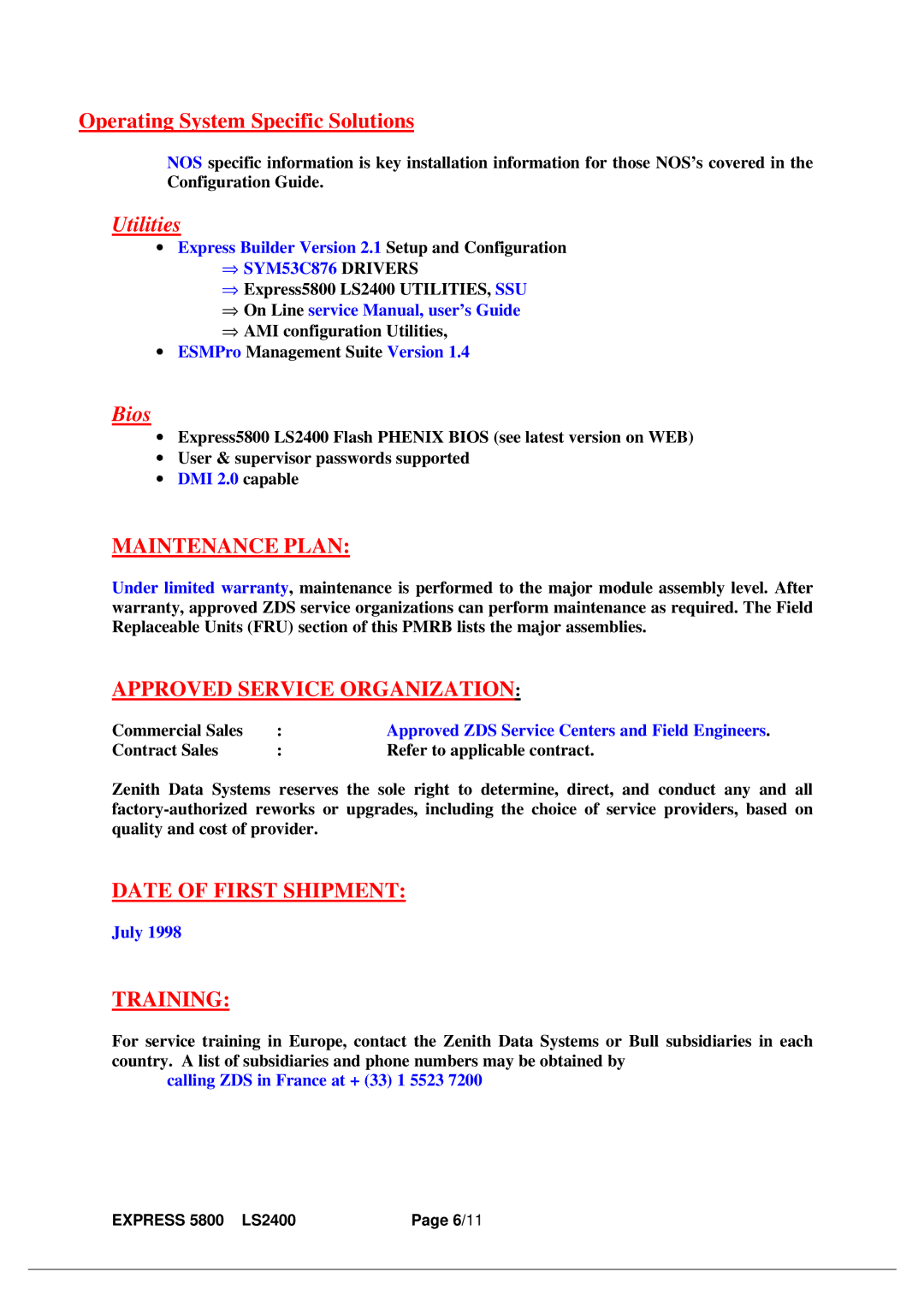 Zenith LS2400 manual Maintenance Plan, Approved Service Organization, Date of First Shipment, Training 