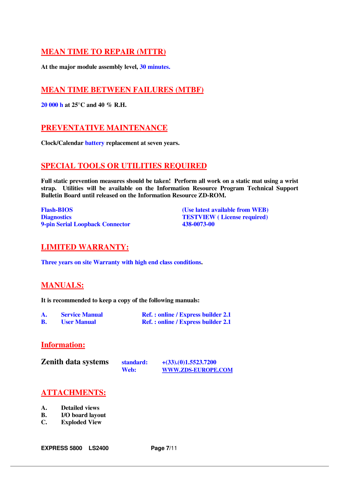 Zenith LS2400 manual Mean Time to Repair Mttr, Mean Time Between Failures Mtbf, Preventative Maintenance, Limited Warranty 