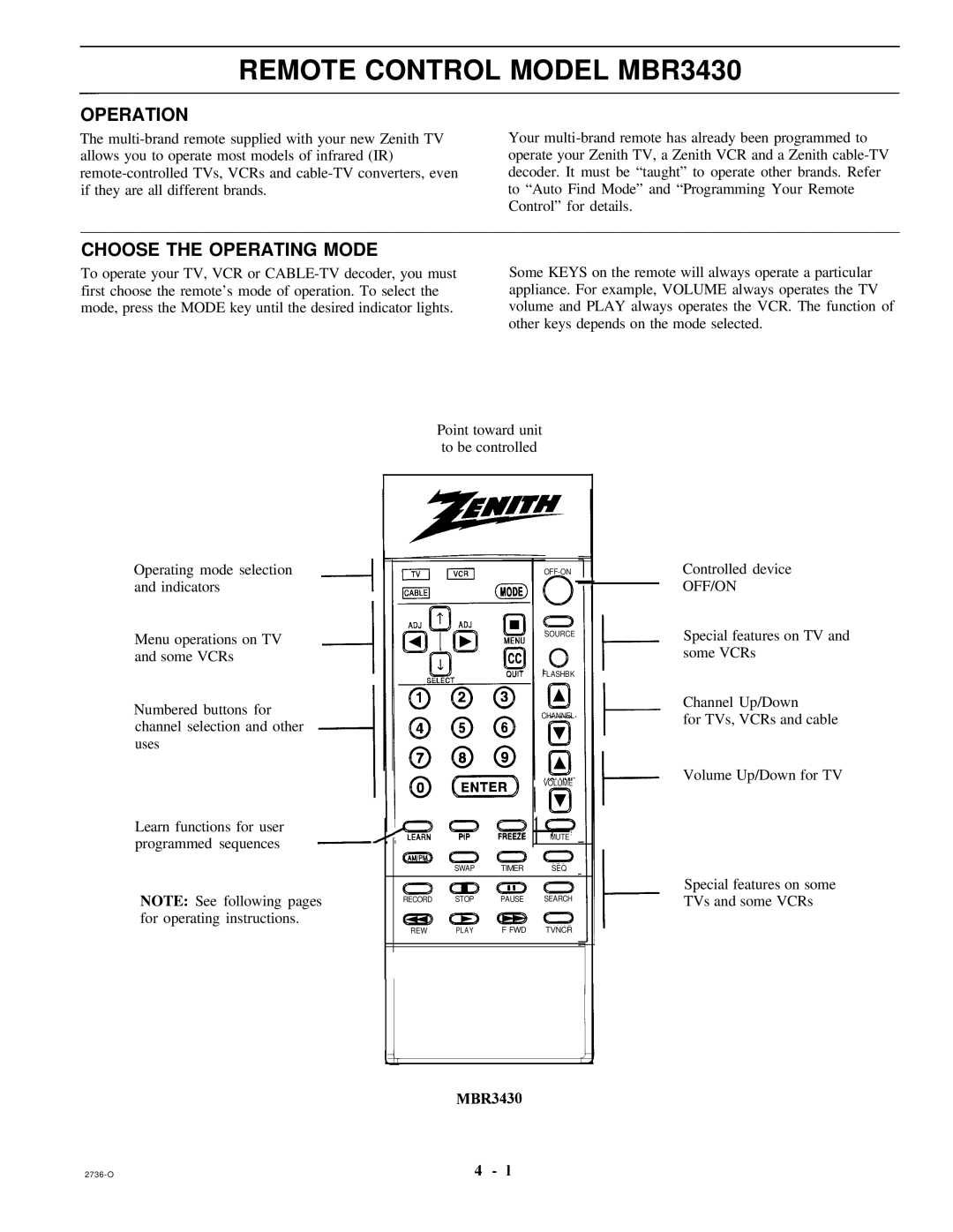 Zenith MBR3430 operating instructions Operation, Choose the Operating Mode, Off/On 