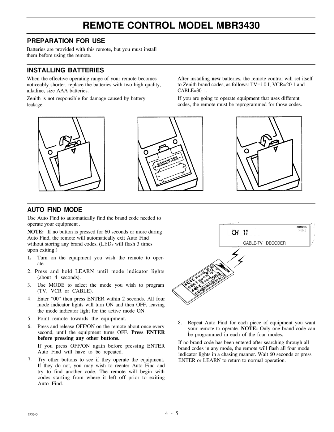 Zenith MBR3430 operating instructions Preparation for USE, Installing Batteries, Auto Find Mode 