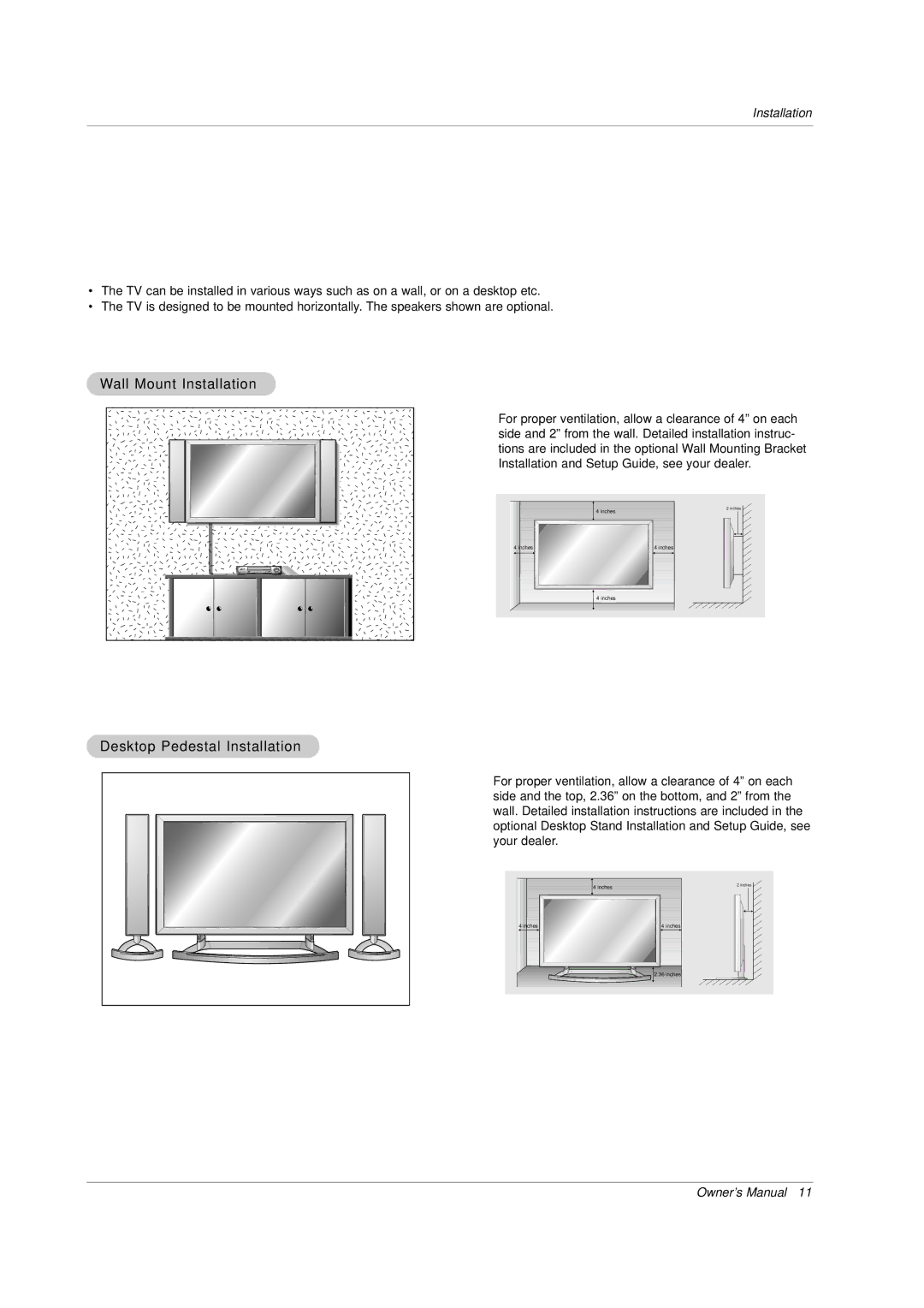 Zenith P42W34H manual Wall Mount Installation, Desktop Pedestal Installation 