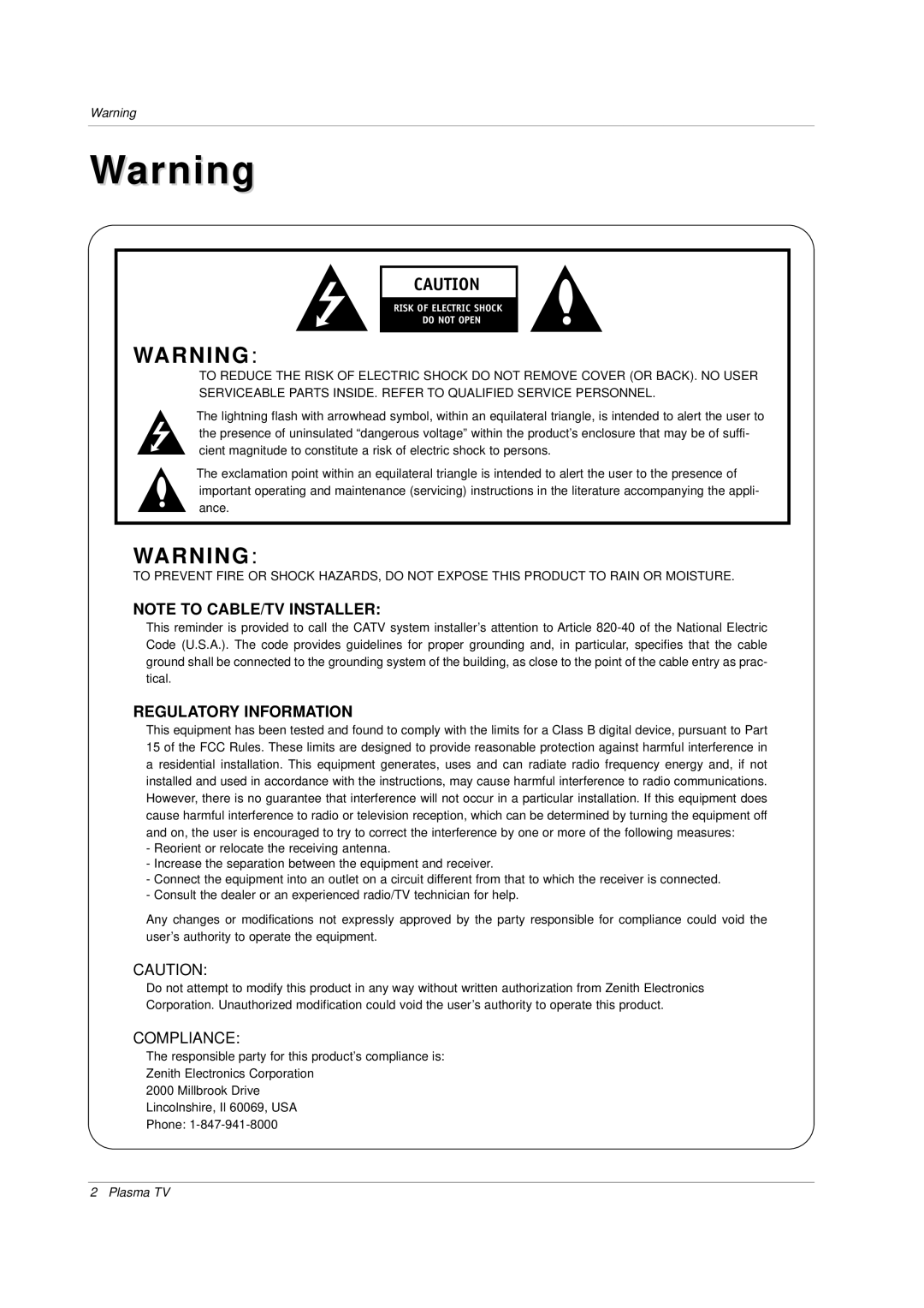 Zenith P42W34H manual Regulatory Information 