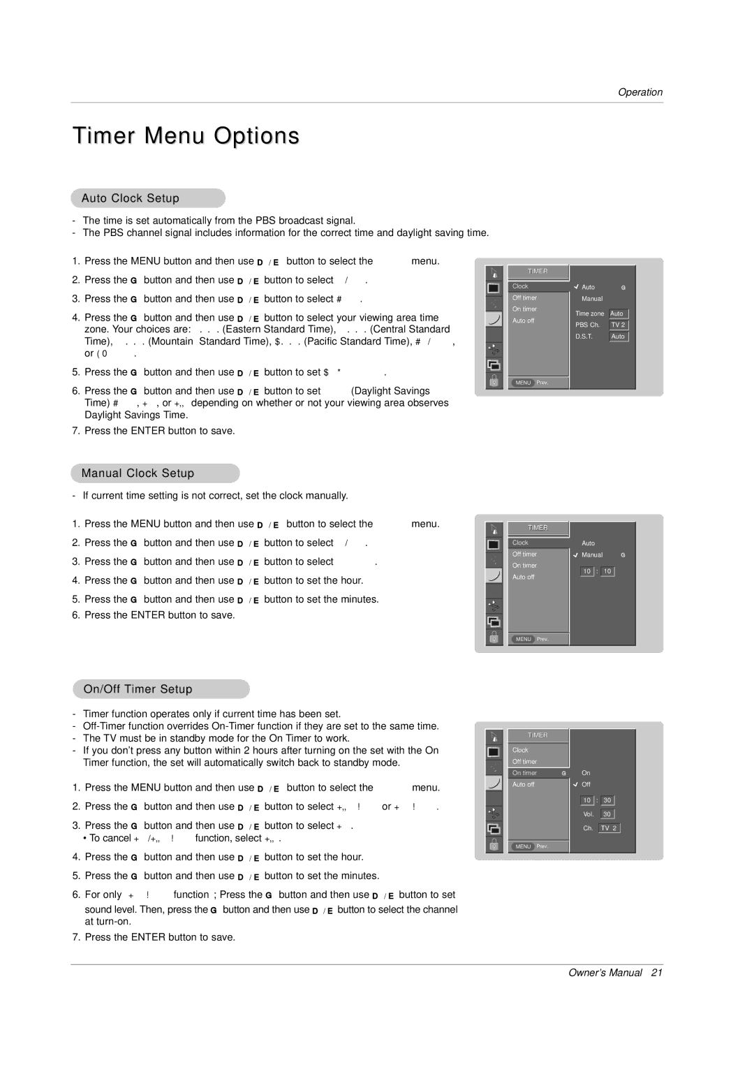 Zenith P42W34H manual Timer Menu Options, Auto Clock Setup, Manual Clock Setup, On/Off Timer Setup 