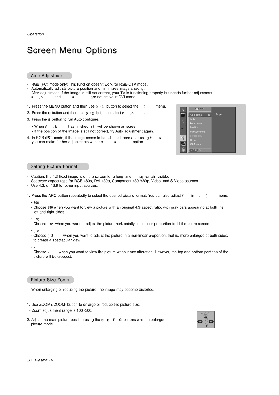 Zenith P42W34H manual Screen Menu Options, Auto Adjustment, Setting Picture Format, Picture Size Zoom 