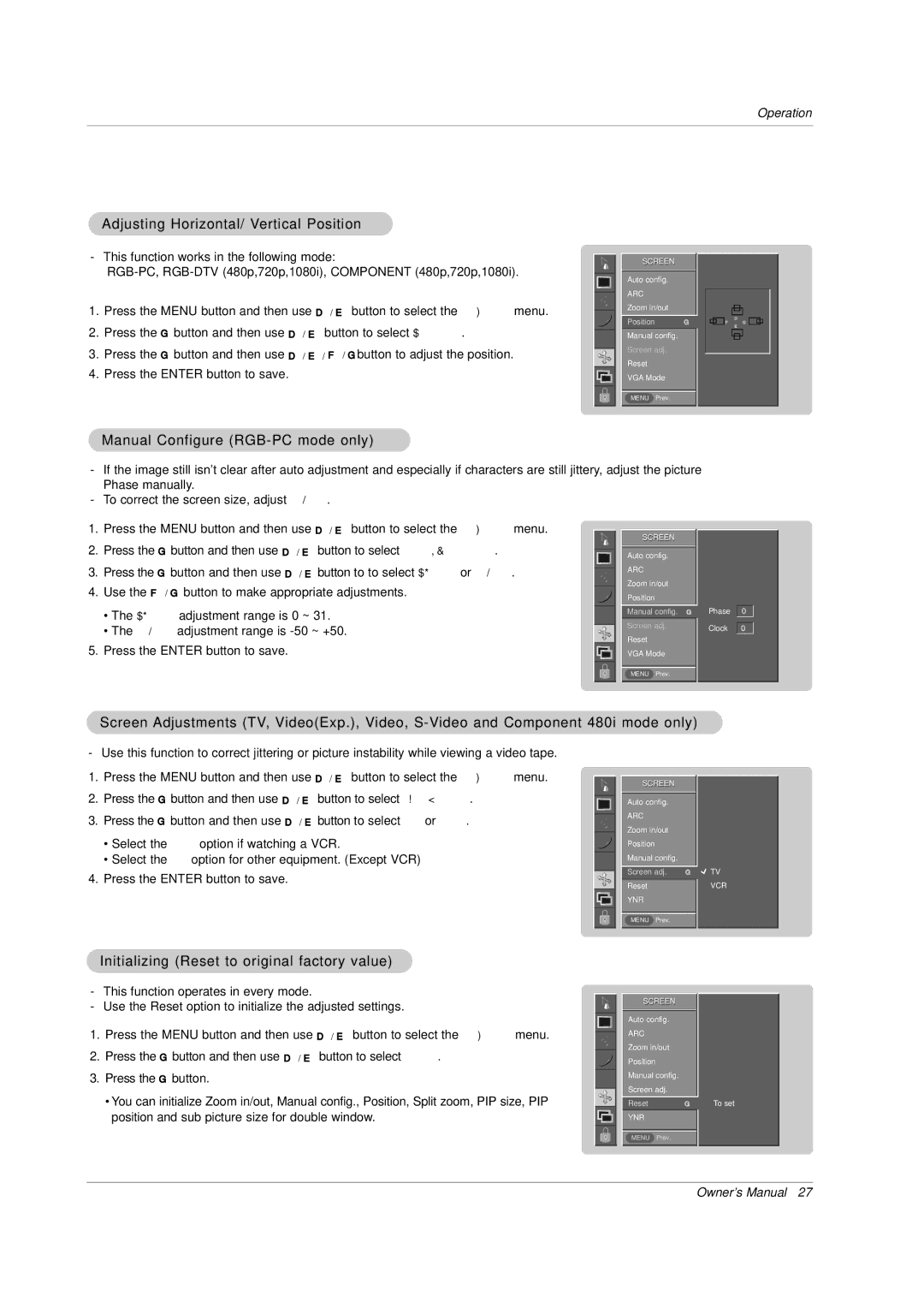 Zenith P42W34H manual Adjusting Horizontal/ Vertical Position, Manual Configure RGB-PC mode only 