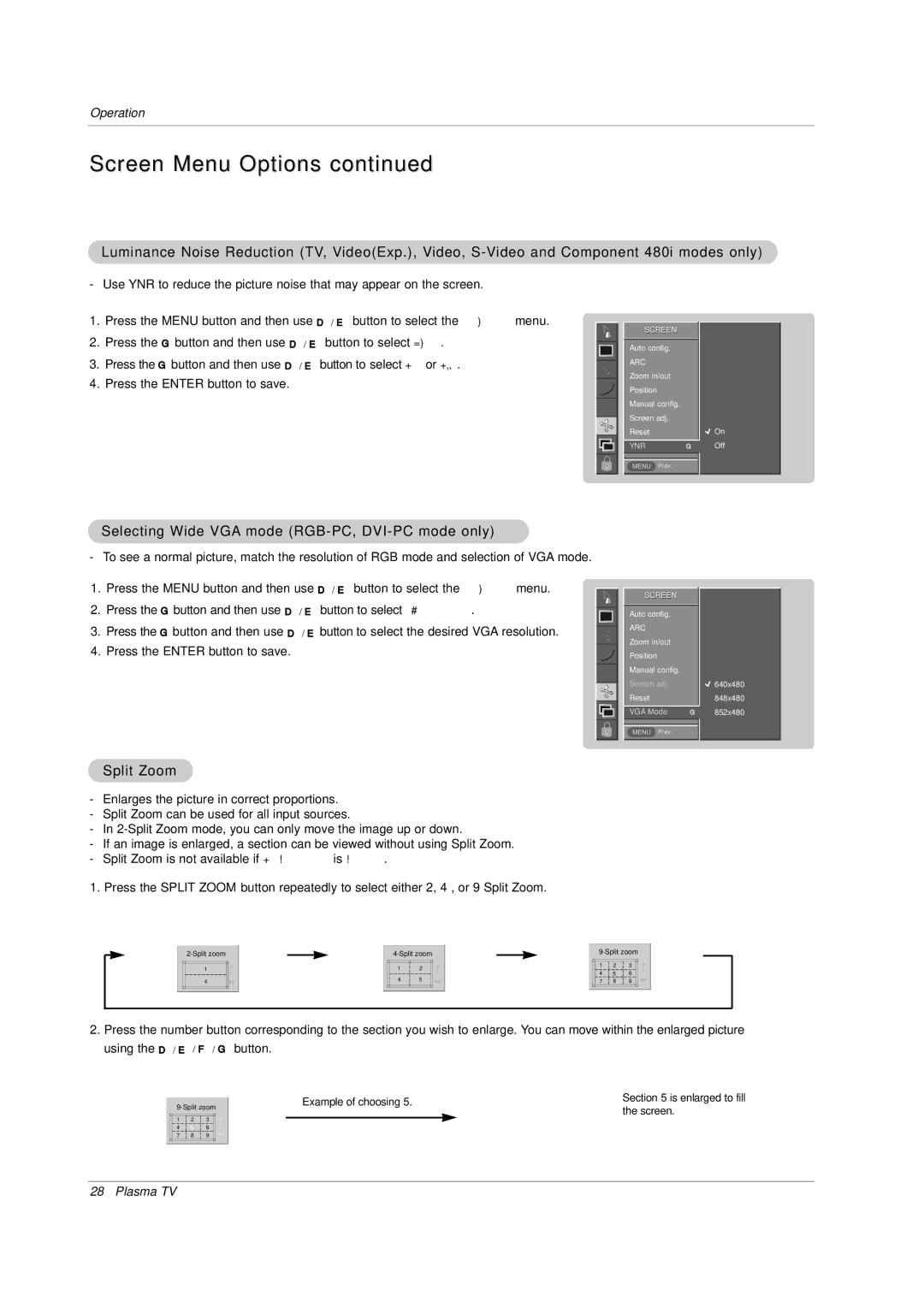 Zenith P42W34H manual Screen Menu Options, Selecting Wide VGA mode RGB-PC, DVI-PC mode only, Split Zoom 