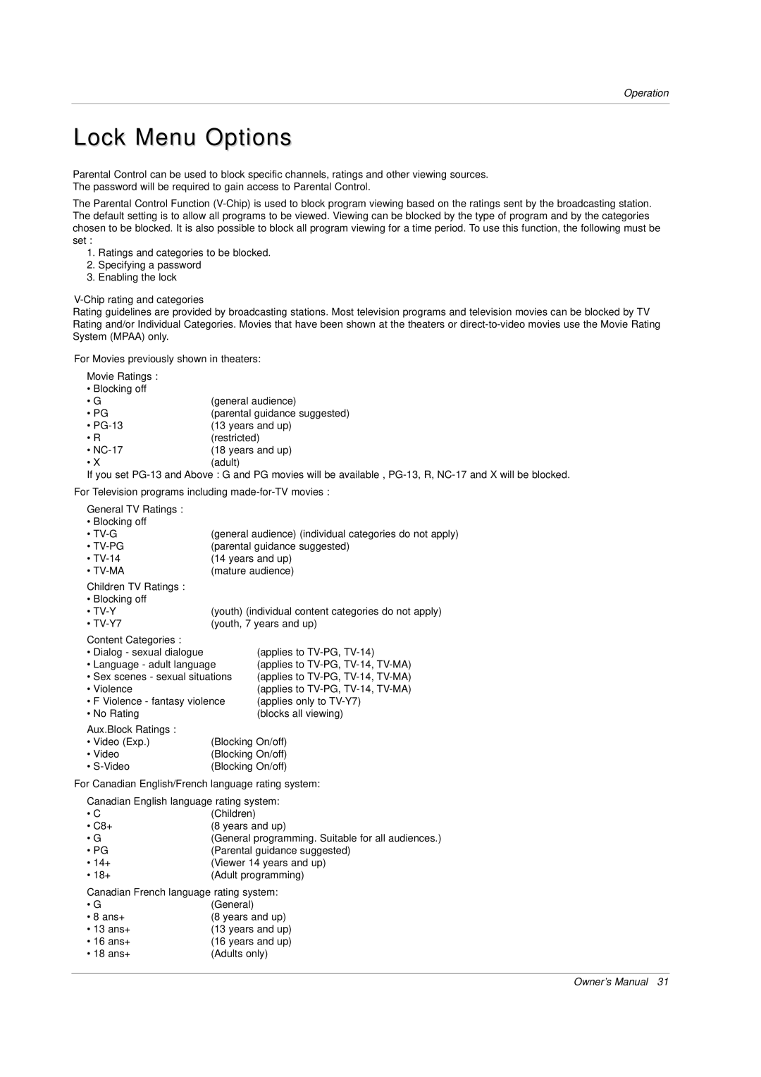 Zenith P42W34H manual Lock Menu Options 