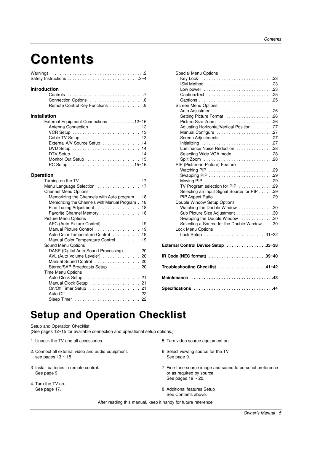 Zenith P42W34H manual Contents 