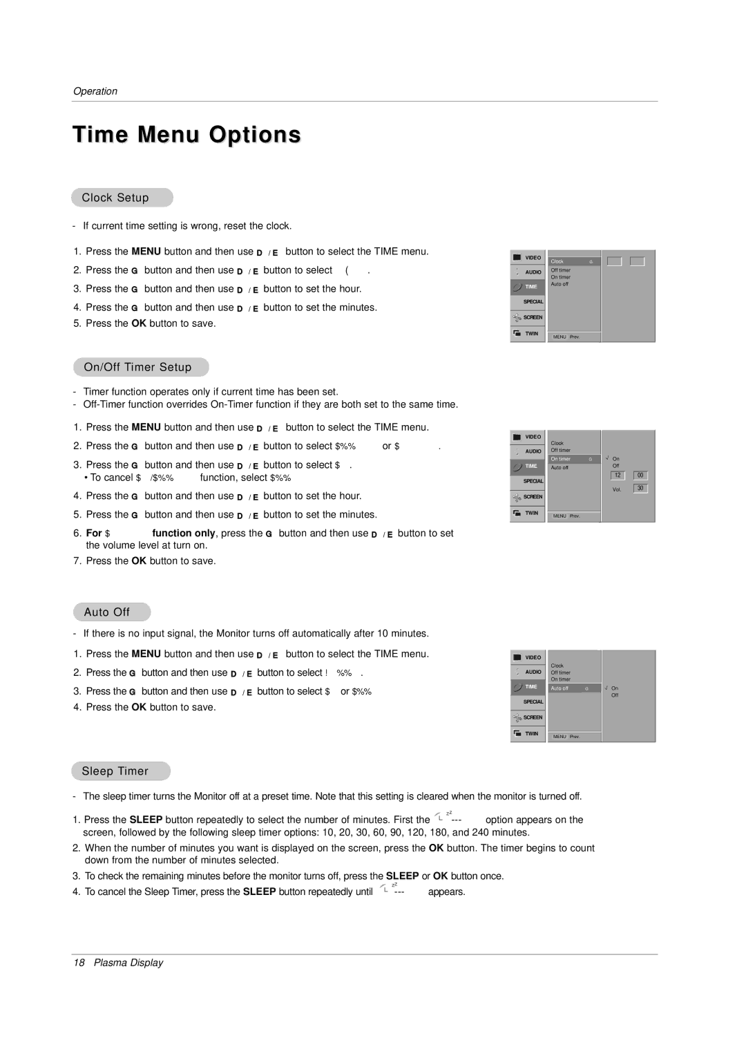 Zenith P60W38H manual Time Menu Options, Clock Setup, On/Off Timer Setup, Auto Off, Sleep Timer 