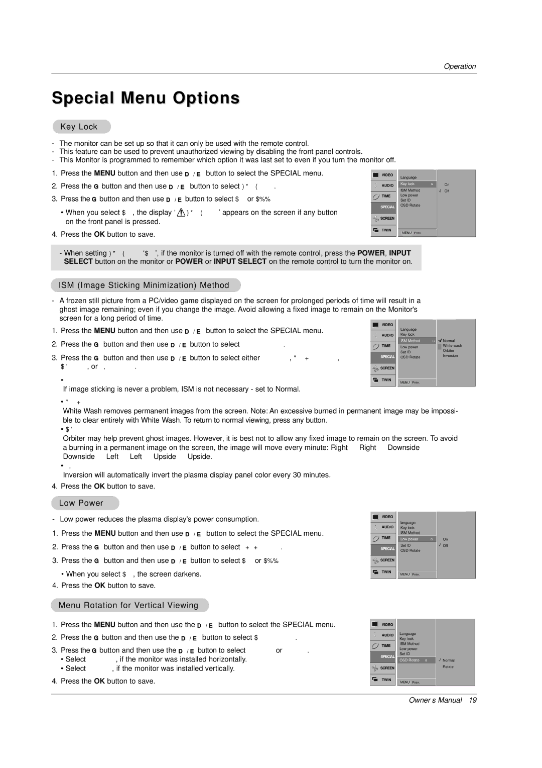 Zenith P60W38H manual Special Menu Options, Key Lock, ISM Image Sticking Minimization Method, Low Power 