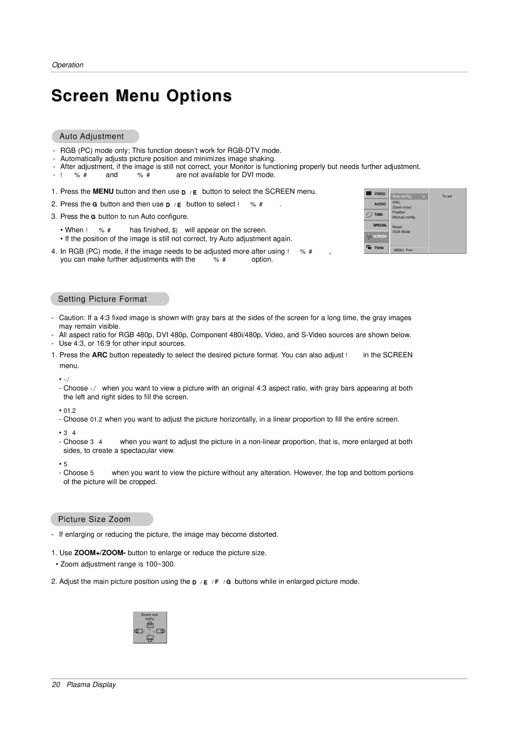 Zenith P60W38H manual Screen Menu Options, Auto Adjustment, Setting Picture Format, Picture Size Zoom 