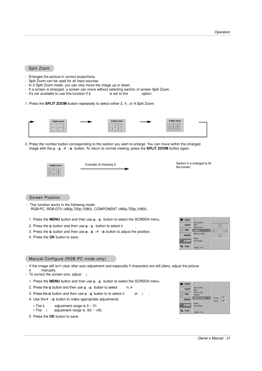 Zenith P60W38H manual Split Zoom, Screen Position, Manual Configure RGB-PC mode only 