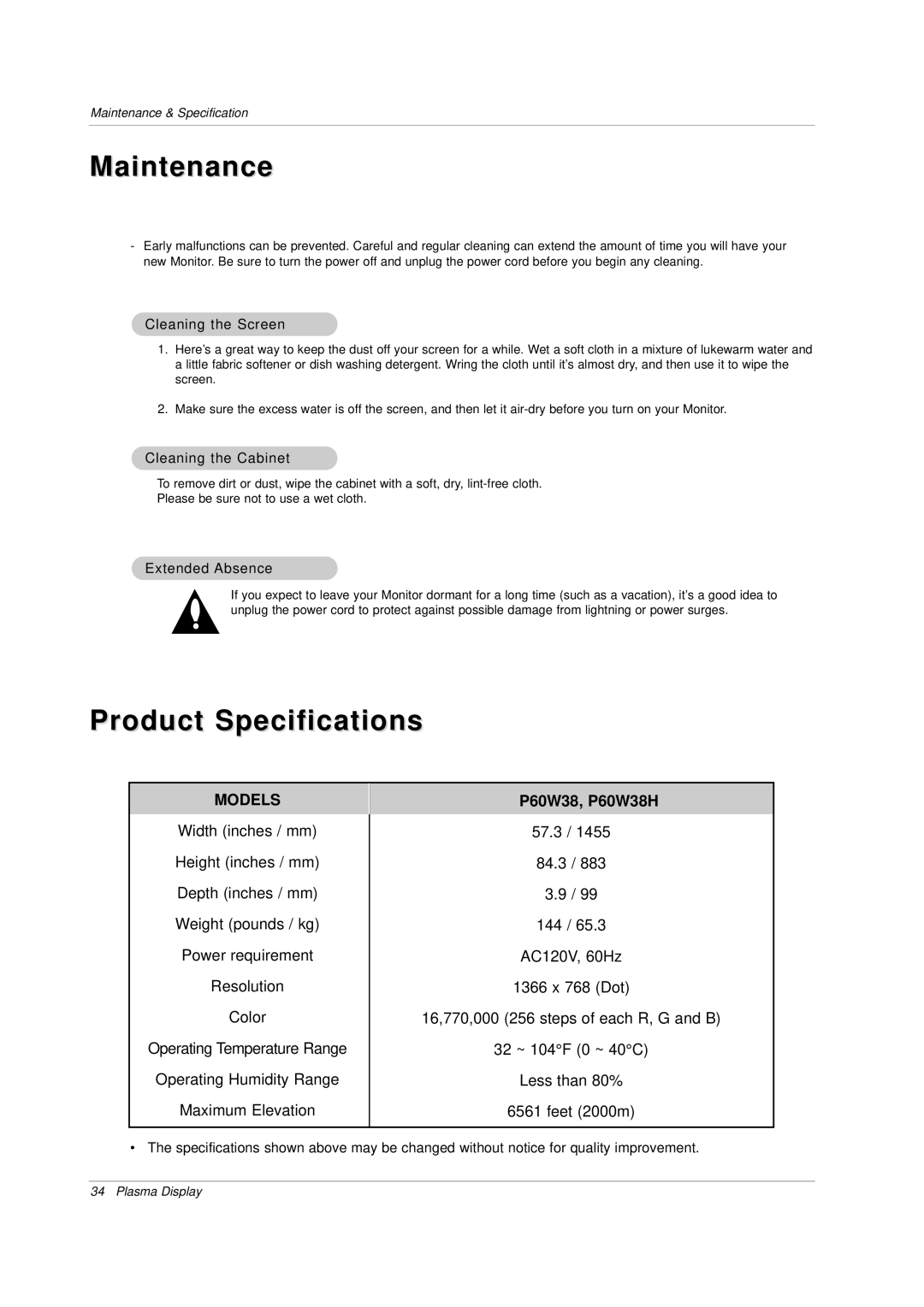 Zenith P60W38H manual Maintenance, Product Specifications 