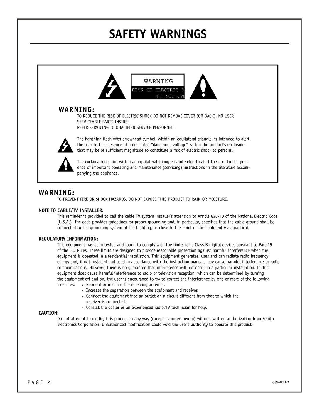 Zenith PRO895X setup guide Safety Warnings 