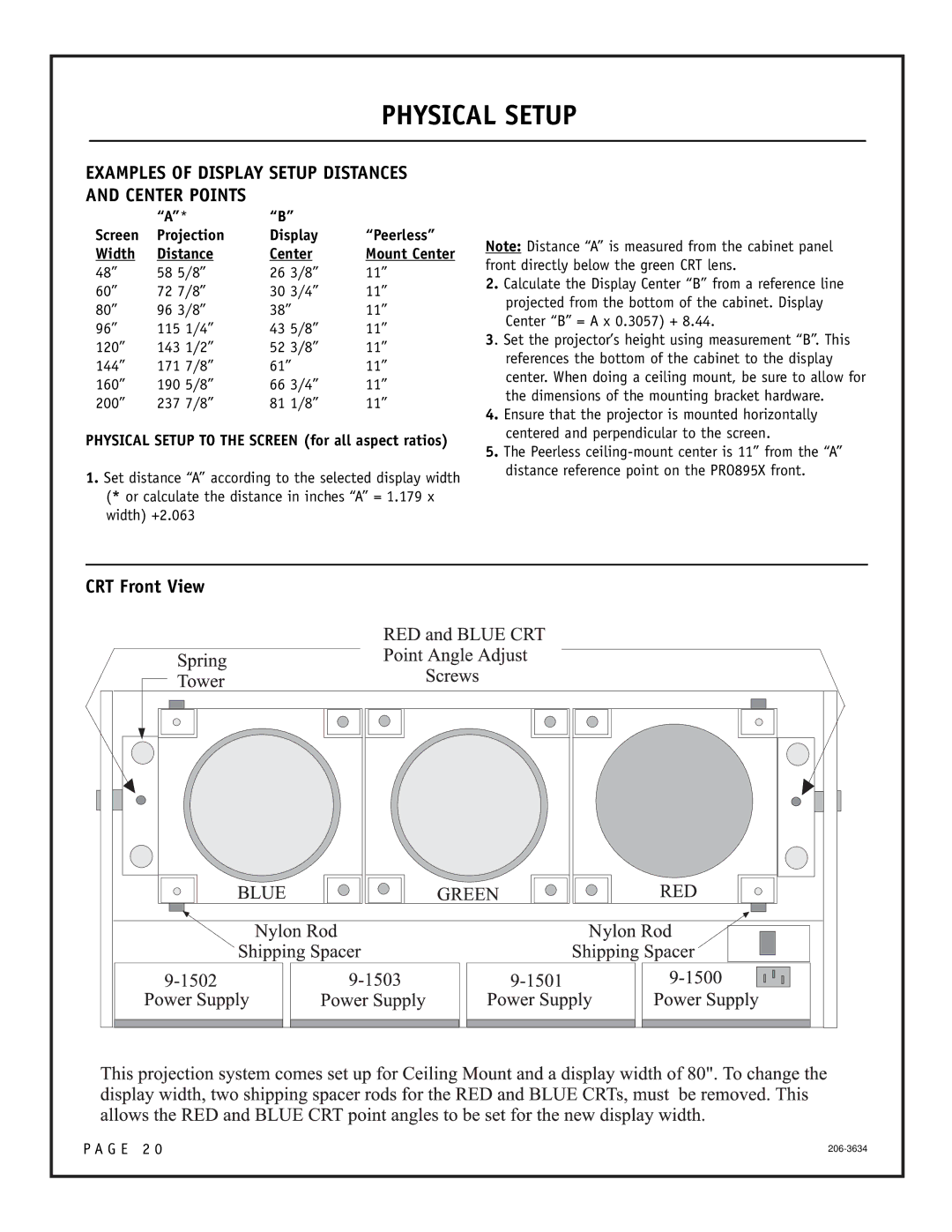 Zenith PRO895X setup guide Physical Setup, Examples of Display Setup Distances and Center Points 