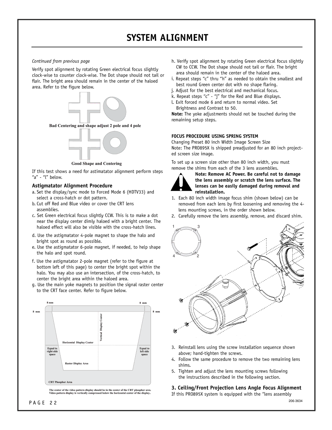 Zenith PRO895X setup guide Astigmatator Alignment Procedure, Ceiling/Front Projection Lens Angle Focus Alignment 