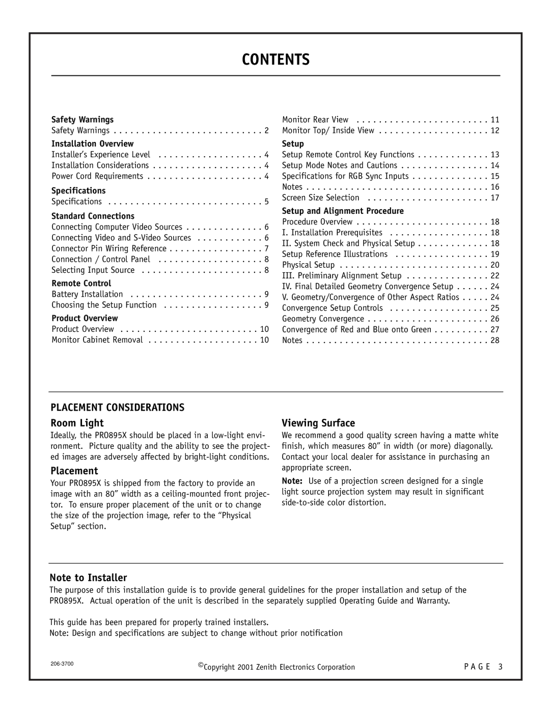 Zenith PRO895X setup guide Contents 