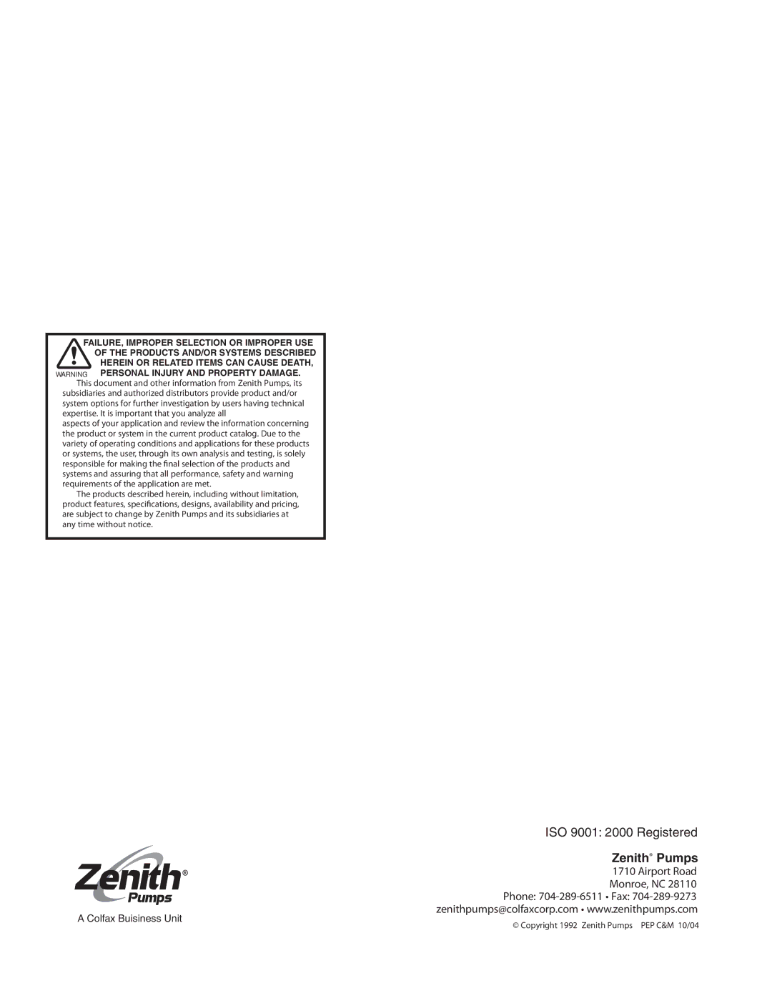 Zenith manual Zenith Pumps 