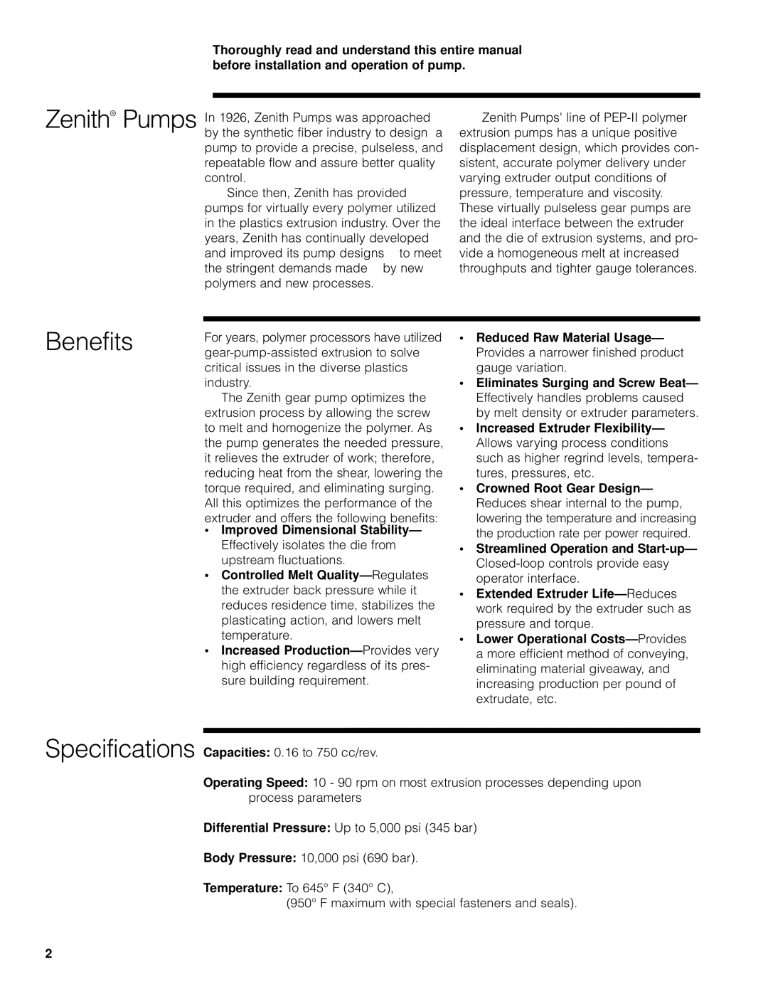 Zenith Pumps manual Benefits 