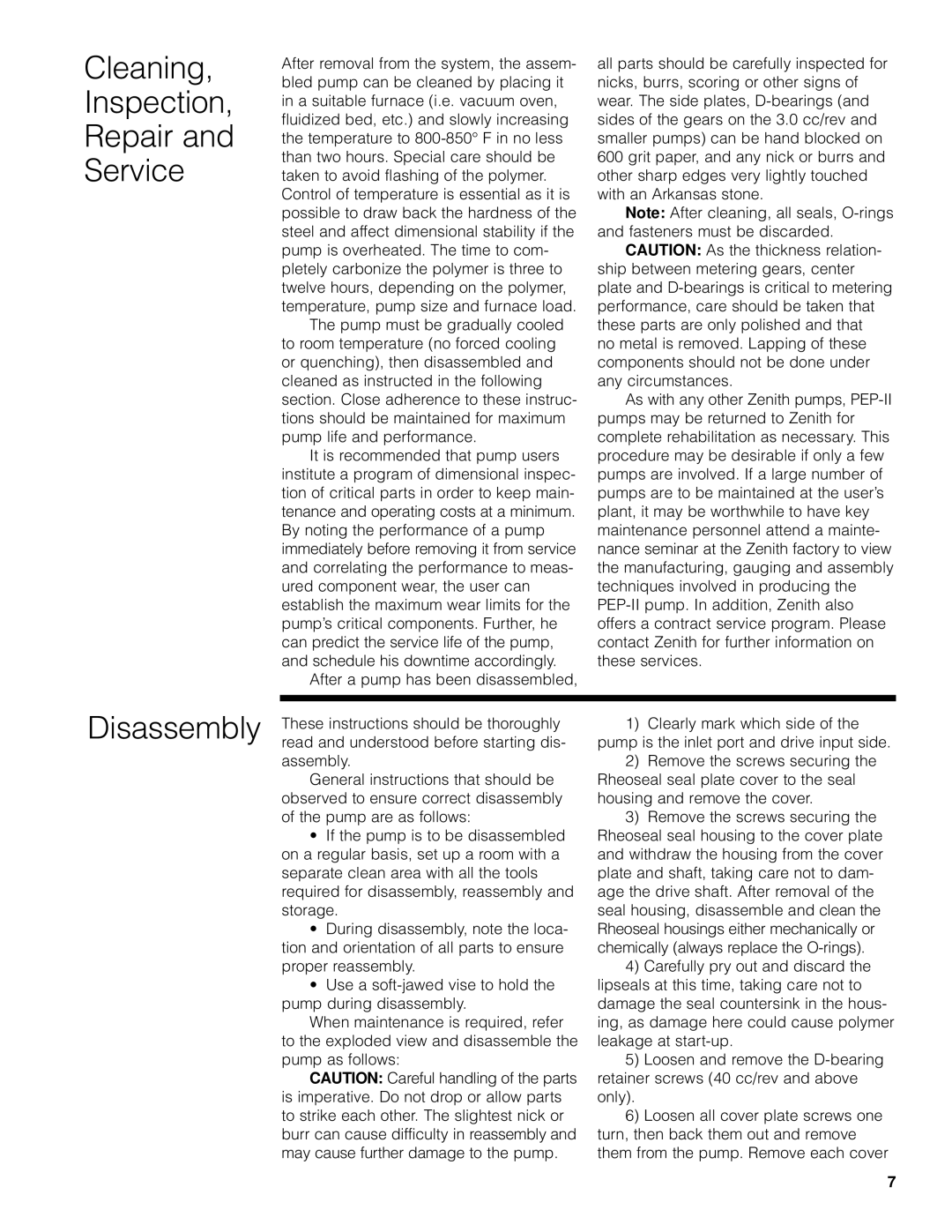 Zenith Pumps manual Cleaning Inspection Repair Service, Disassembly 