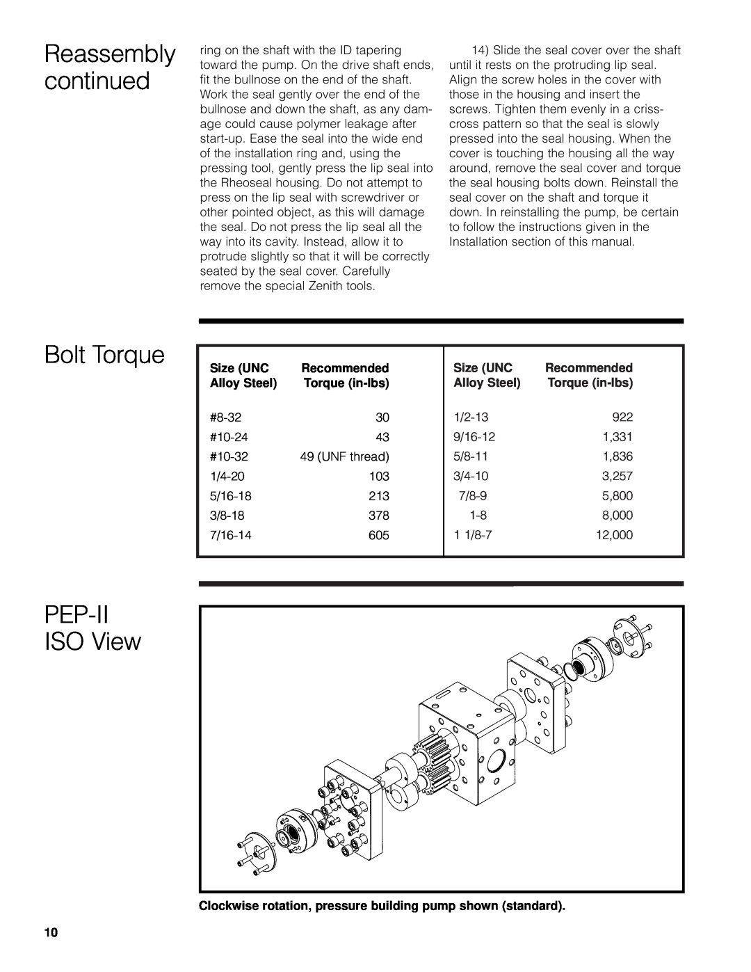 Zenith Pumps manual Bolt Torque, Pep-Ii, ISO View, Reassembly continued, Size UNC, Recommended, Alloy Steel, Torque in-lbs 