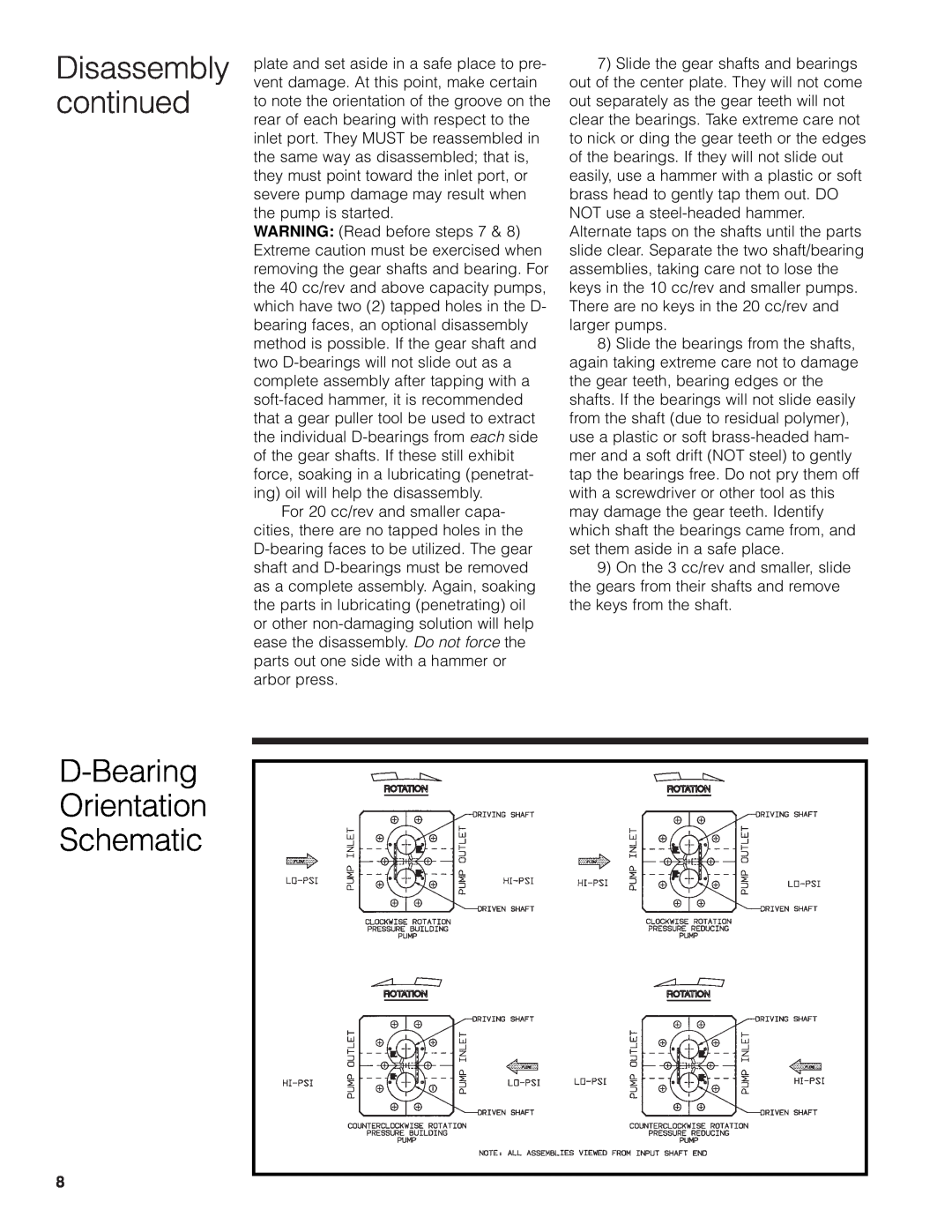 Zenith Pumps manual D-Bearing Orientation Schematic, Disassembly continued 