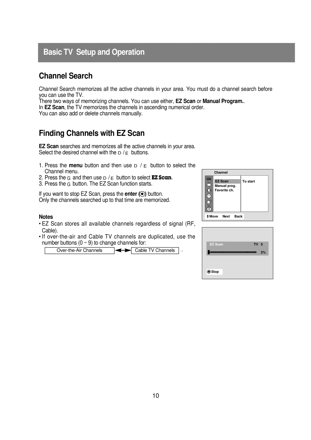 Zenith R40W46 warranty Basic TV Setup and Operation, Channel Search, Finding Channels with EZ Scan 