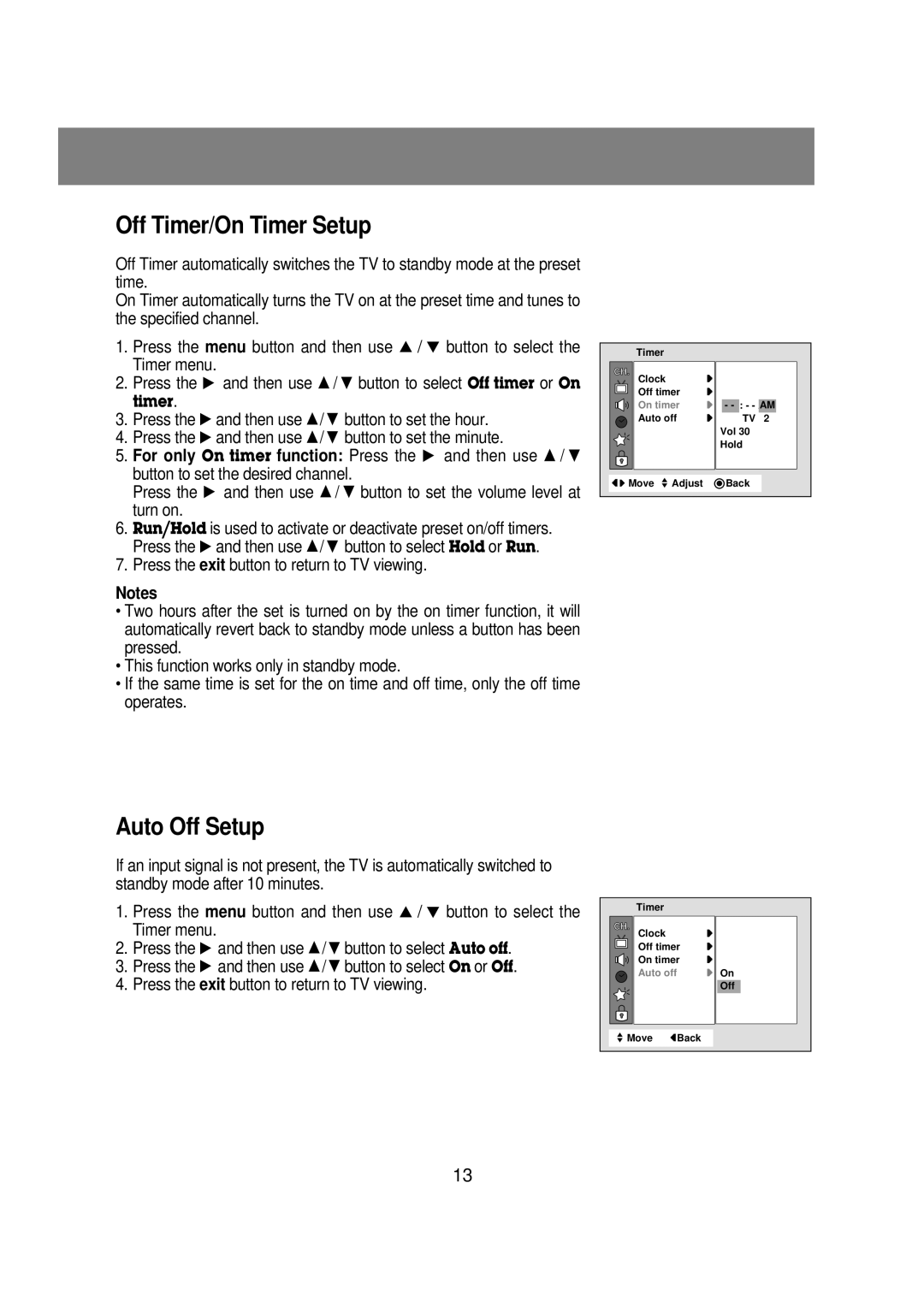 Zenith R40W46 warranty Off Timer/On Timer Setup, Auto Off Setup 