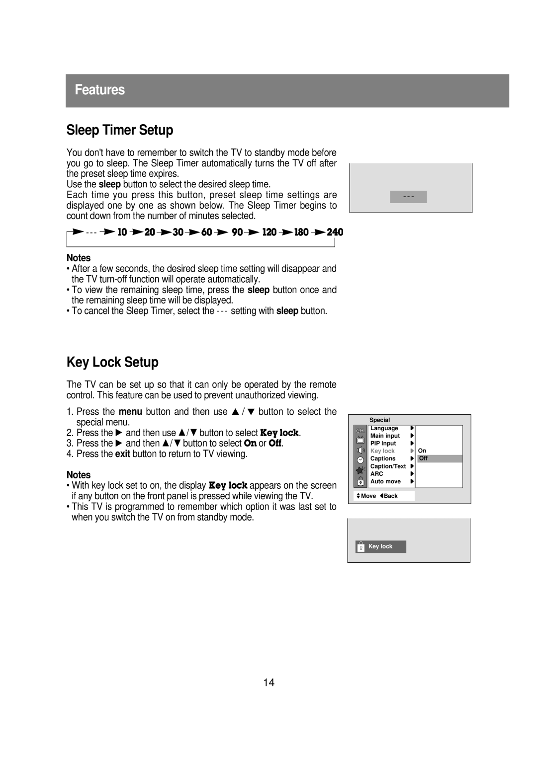 Zenith R40W46 warranty Features, Sleep Timer Setup, Key Lock Setup 