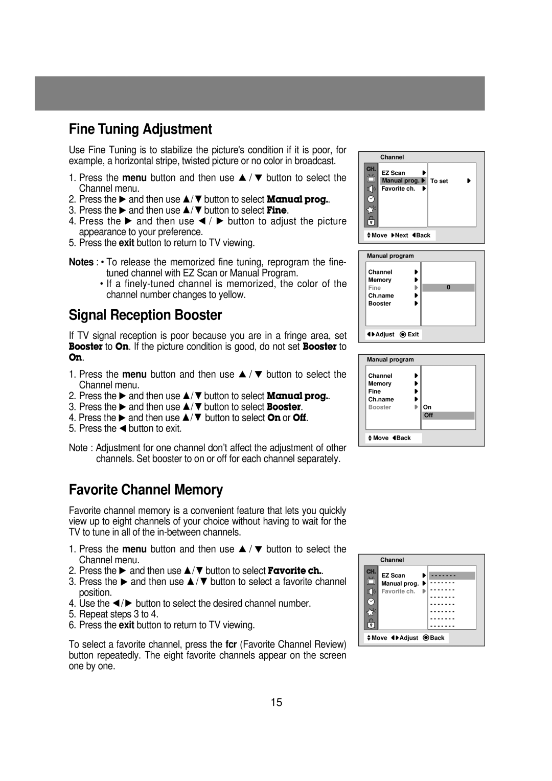 Zenith R40W46 warranty Fine Tuning Adjustment, Signal Reception Booster, Favorite Channel Memory 