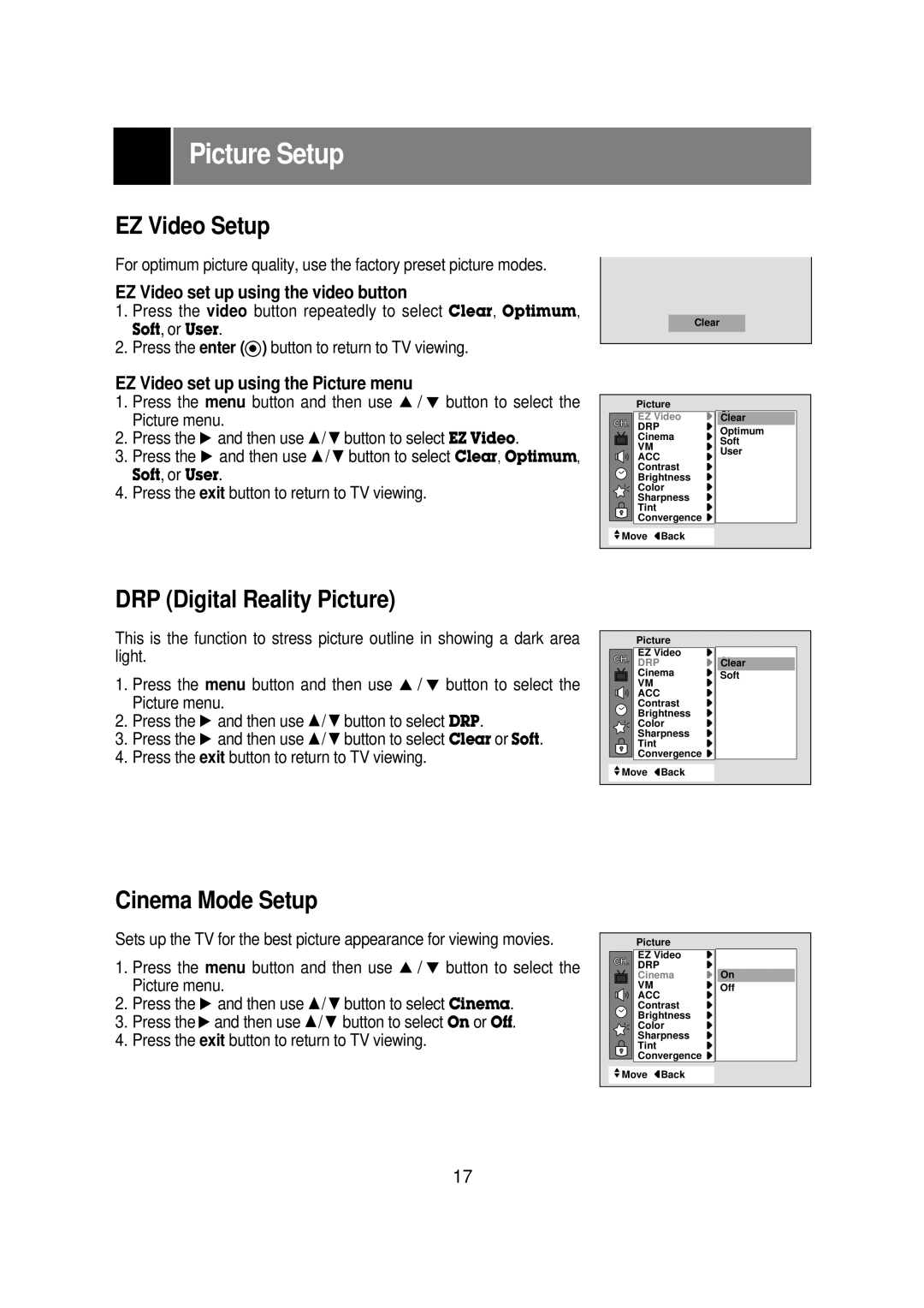 Zenith R40W46 warranty Picture Setup, EZ Video Setup, DRP Digital Reality Picture, Cinema Mode Setup 