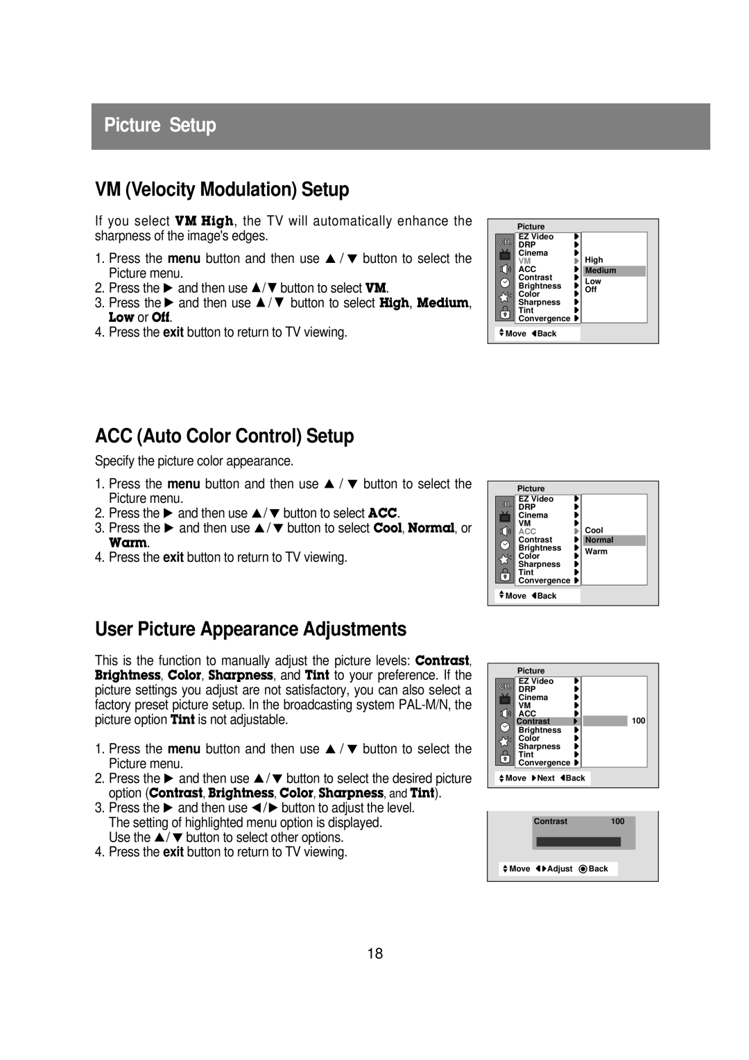 Zenith R40W46 warranty Picture Setup, VM Velocity Modulation Setup, ACC Auto Color Control Setup 