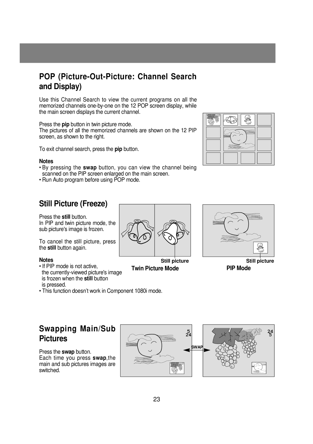 Zenith R40W46 warranty POP Picture-Out-Picture Channel Search and Display, Still Picture Freeze, Swapping Main/Sub Pictures 