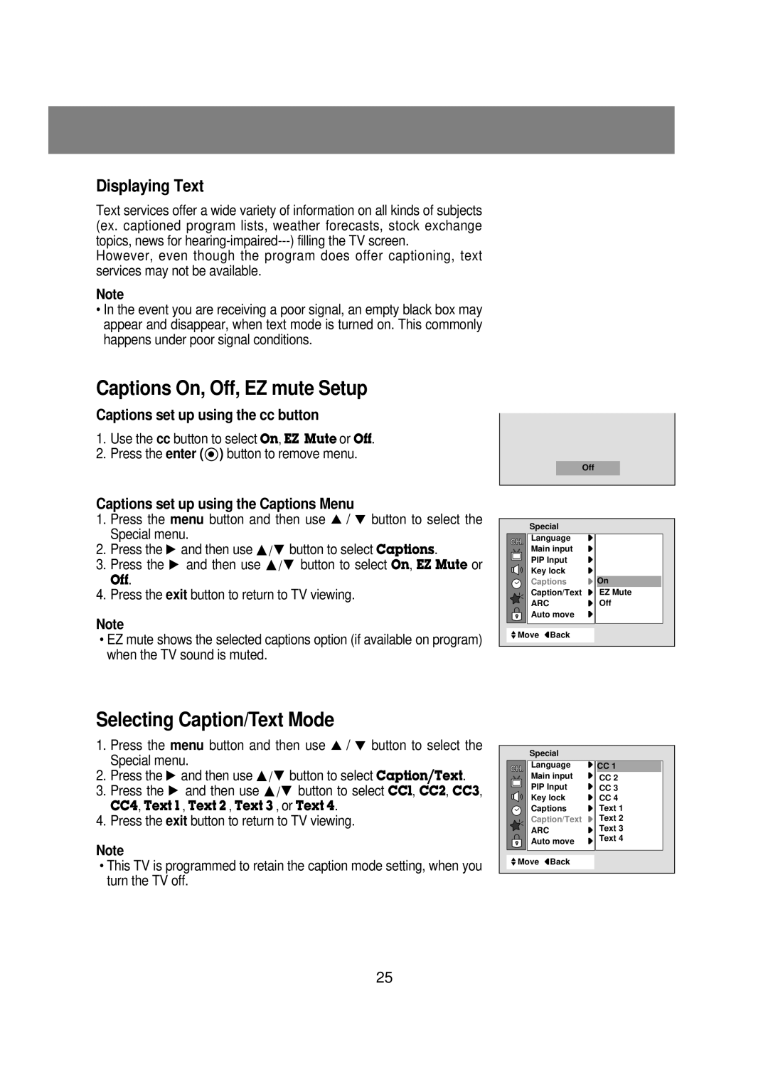 Zenith R40W46 warranty Captions On, Off, EZ mute Setup, Selecting Caption/Text Mode, Captions set up using the cc button 