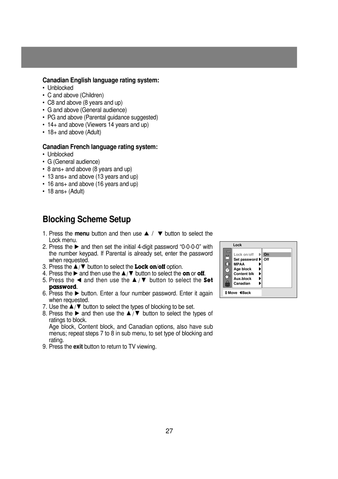 Zenith R40W46 Blocking Scheme Setup, Canadian English language rating system, Canadian French language rating system 