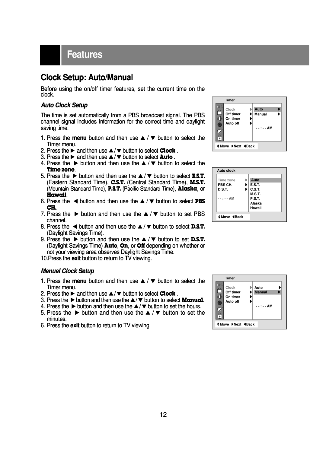 Zenith R40W46 warranty Features, Clock Setup Auto/Manual, Auto Clock Setup, Manual Clock Setup 