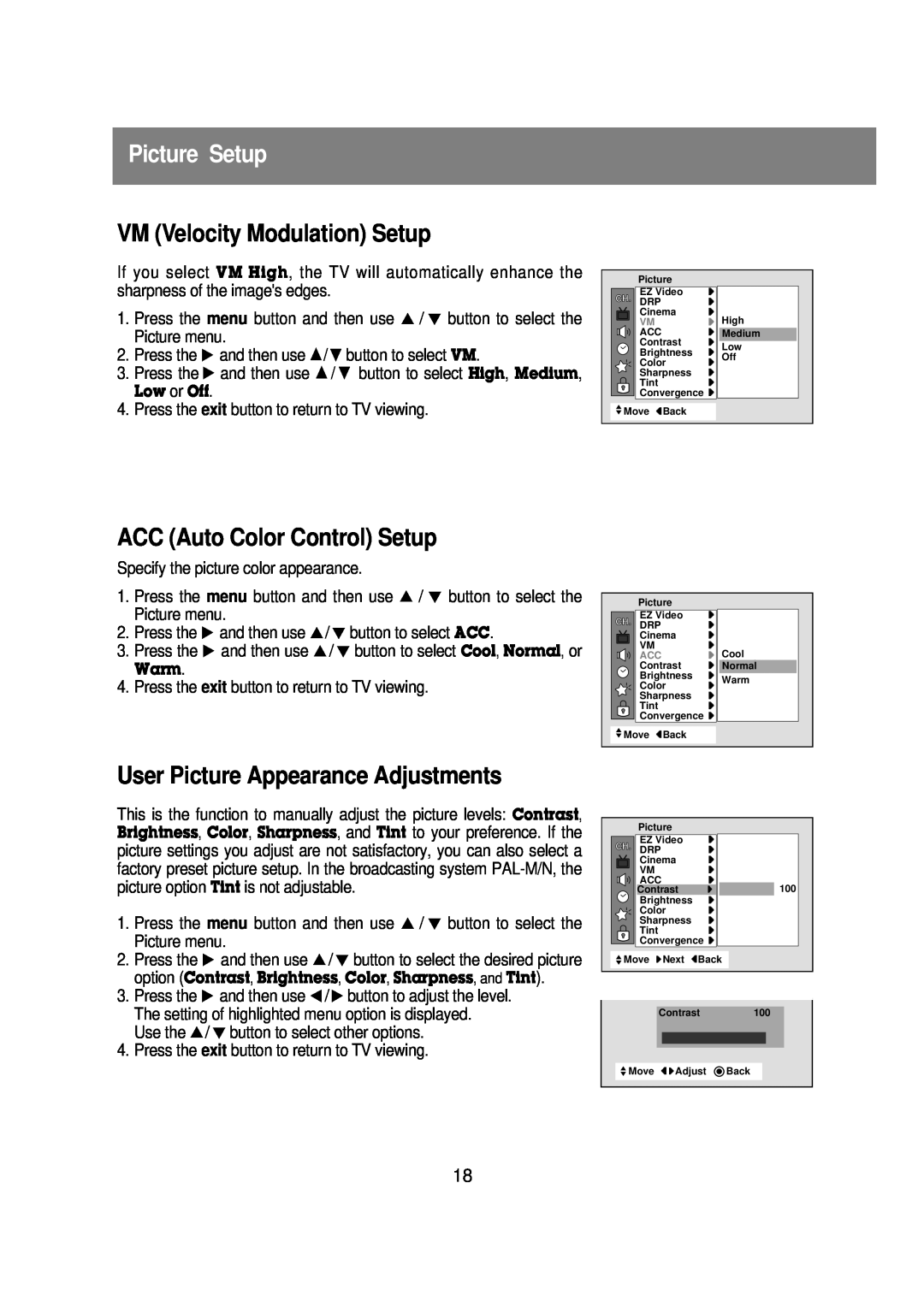 Zenith R40W46 warranty Picture Setup, VM Velocity Modulation Setup, ACC Auto Color Control Setup 